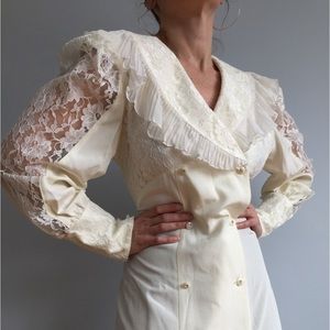Vintage cream lace, detailed dress with front buttons.